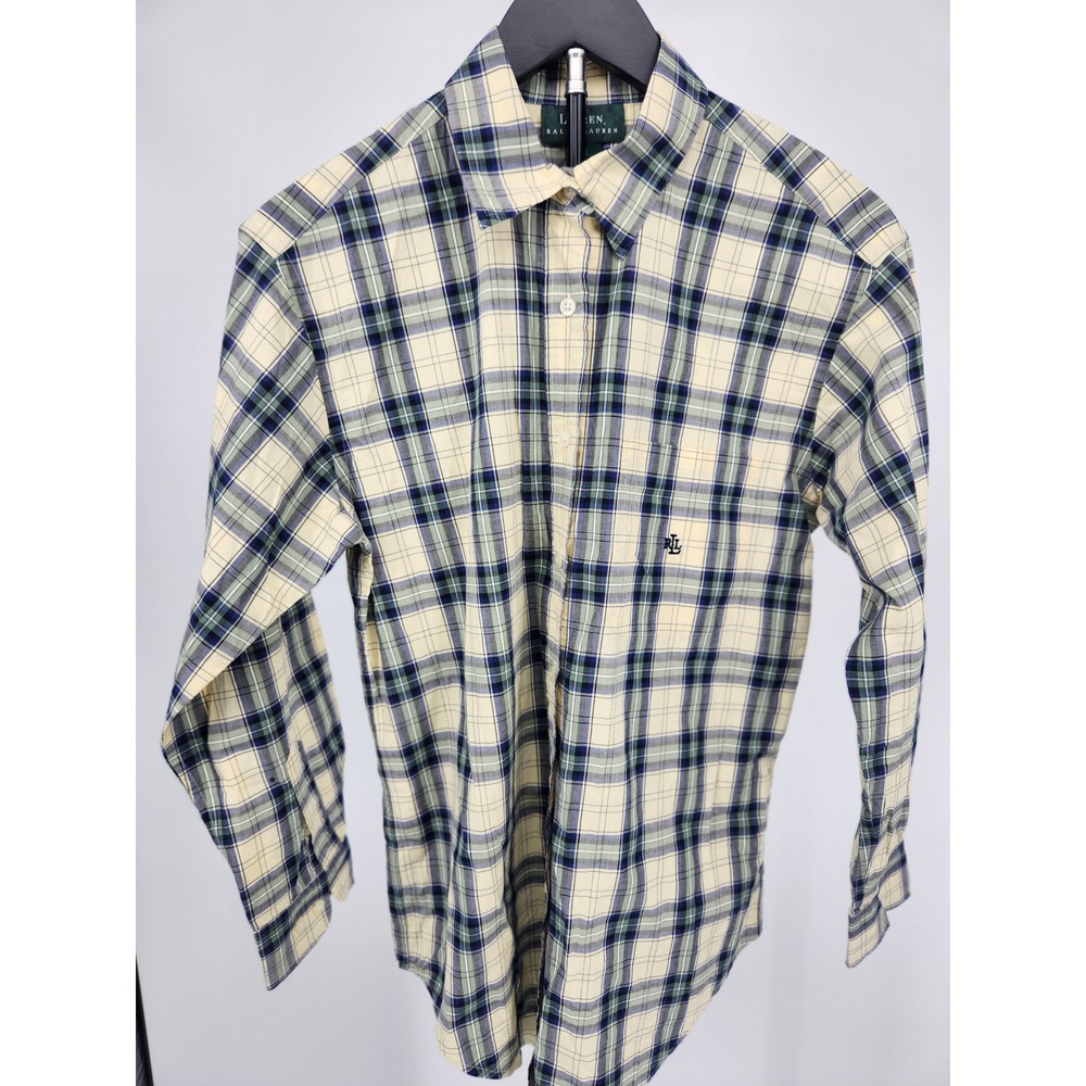 Lauren Ralph Lauren Womens Plaid Button Down Shirt Yellow Green Navy Blue Size 6